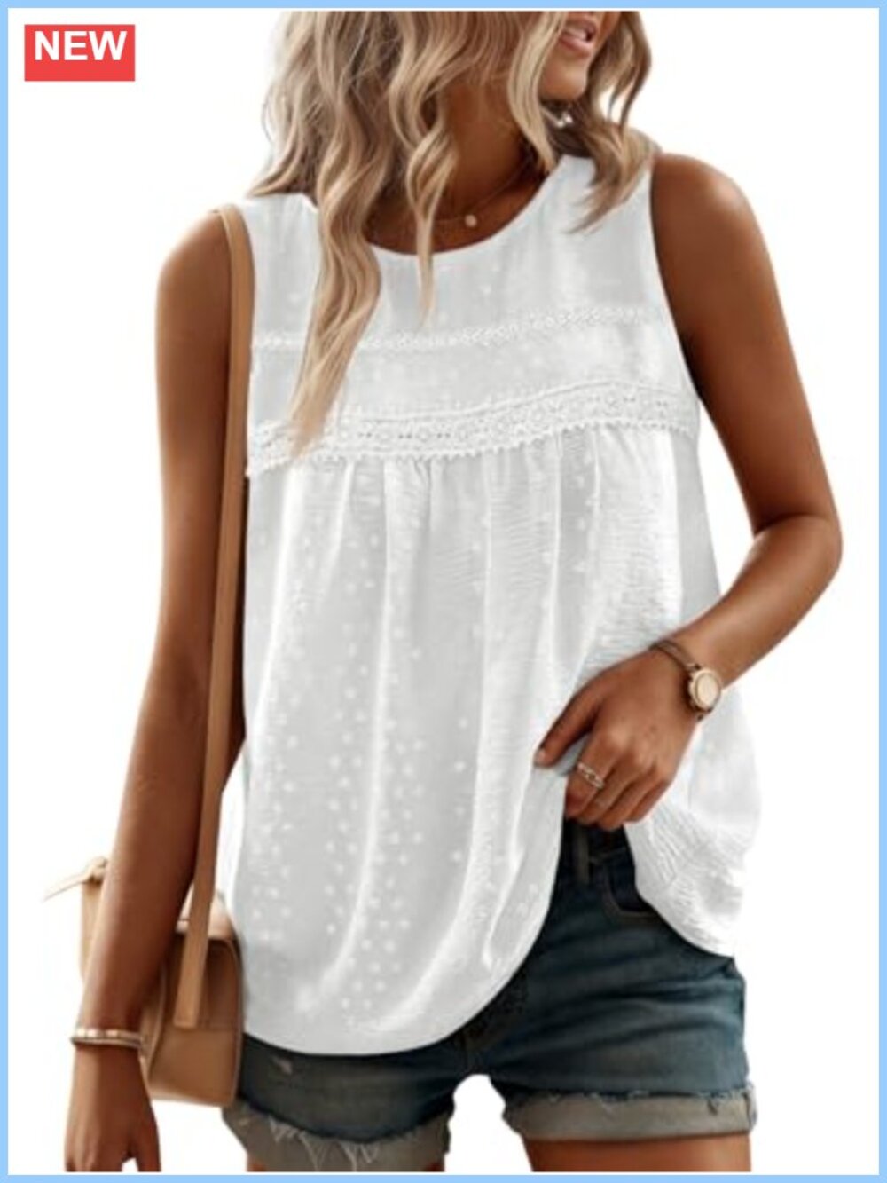 Women's Loose Fit Swiss Dot Tank Top Sleeveless Crew Neck Summer Cami